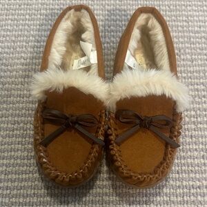 Crewcuts Brown Moccasin Slippers with Faux Fur